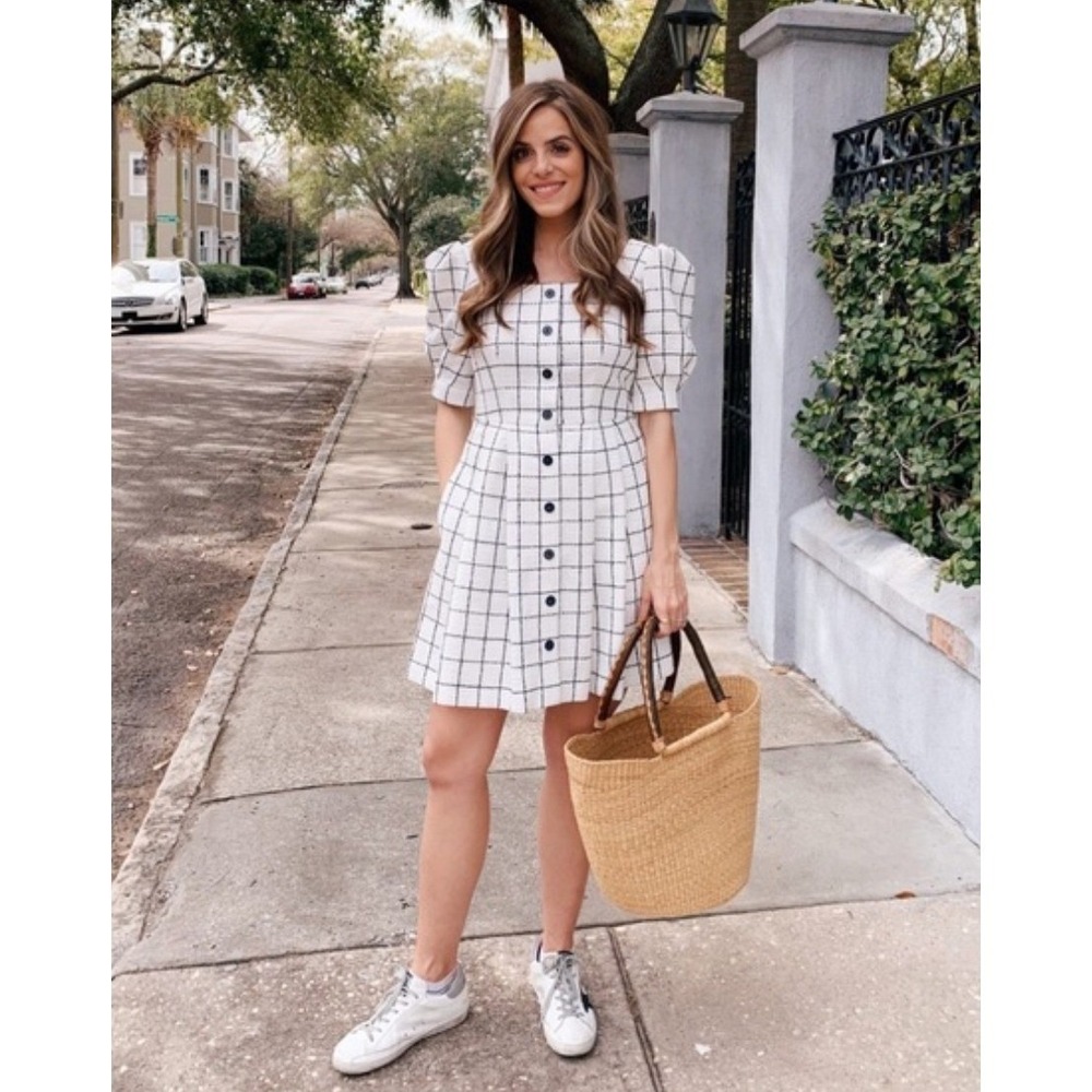 Gal‎ Meets Glam White Black Grid Square Neck Puff Sleeve Dress 2 Pockets Classy - Picture 2 of 13